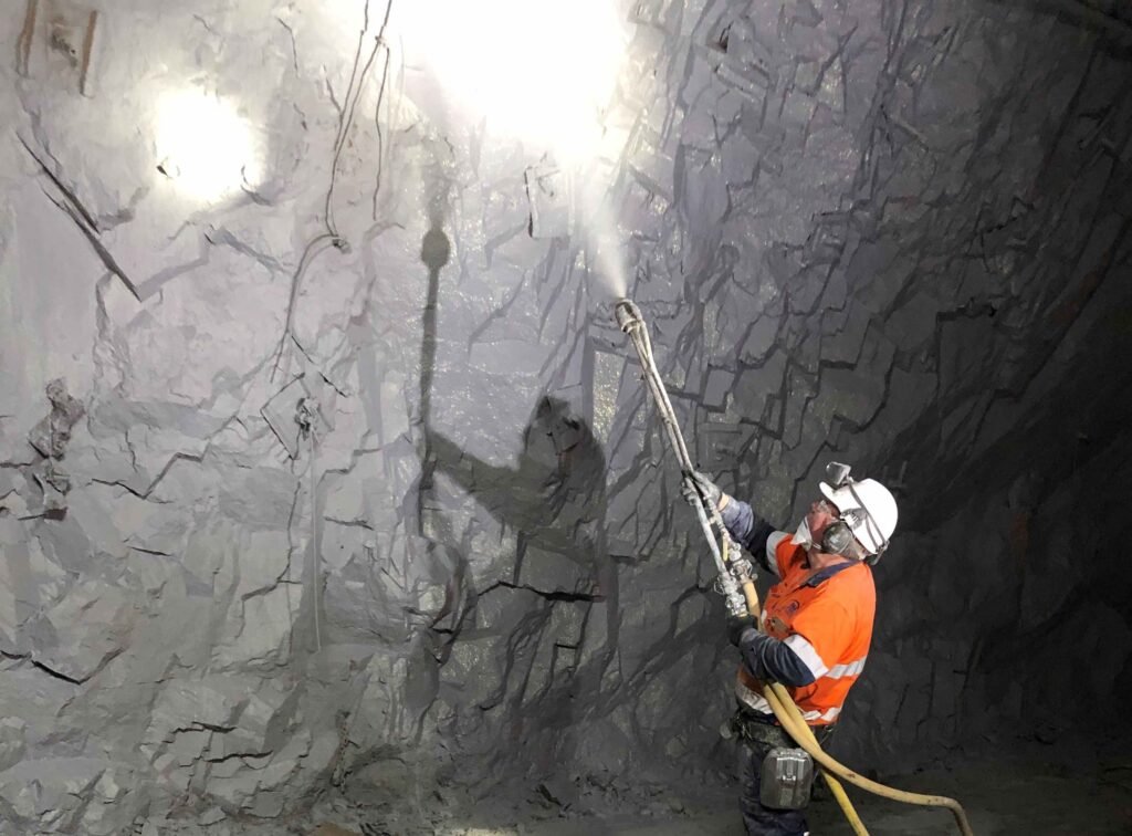 wet sprayed TSL Thin Sprayed Liner for rock stability and ground support. Shaft Lining and blast hole protection. Easily mixed. Minimal preparation. Radon and radiation protection. More user friendly. Silica Free, less waste. improved environmental impact. greener option to shotcrete. 